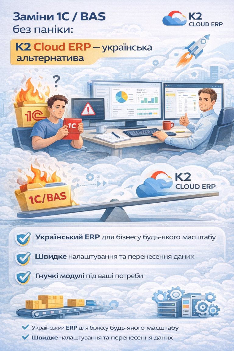Заміни 1С/BAS без паніки: проблема, ціна бездіяльності та рішення K2 ERP: Заміни 1С/BAS без паніки