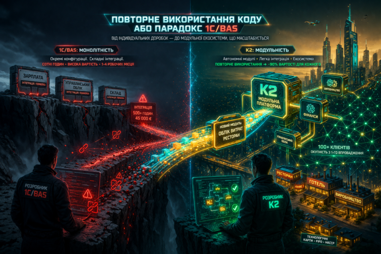 Повторне використання коду, або парадокс 1С/BAS: проблема, ціна бездіяльності та рішення K2 ERP: Повторне використання коду, або парадокс